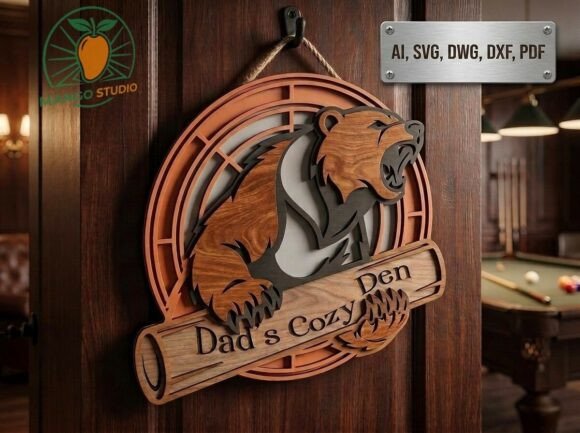 Dad's Cozy Den Bear SVG Sign: A Laser Cut Graphic for Father’s Day Branding