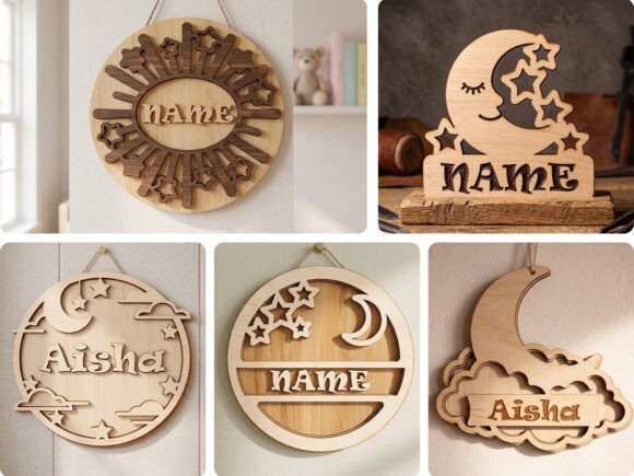 Laser Cut Moon Stars Nursery Name Signs: A Stellar Design Asset for Home Decor Projects