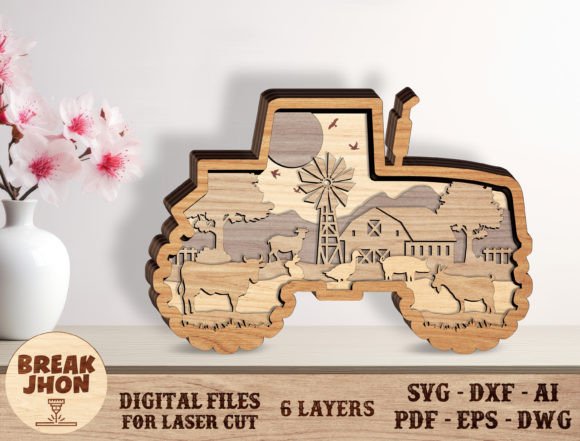 Layered Wooden Tractor - Break Jhon for Laser Cutting Signs