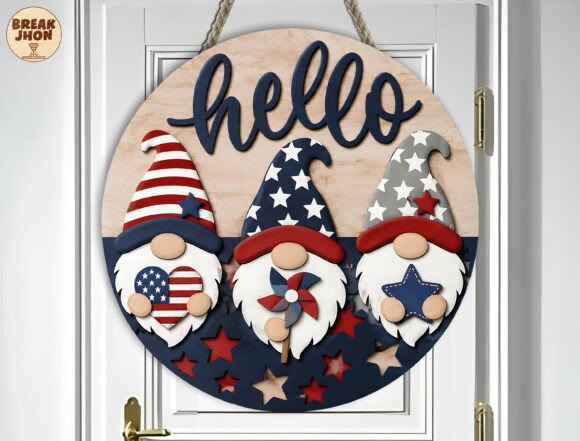 Patriotic Gnome Door Hanger SVG: A Festive Laser Cutting Design for Home Decor Brands